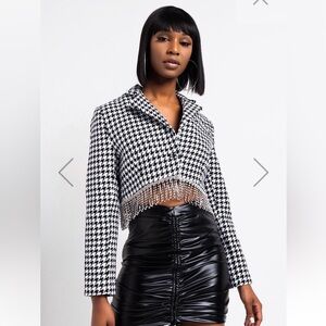 NEW AKIRA HOUNDSTOOTH CROPPED BLAZER WITH RHINESTONE FRINGE, S